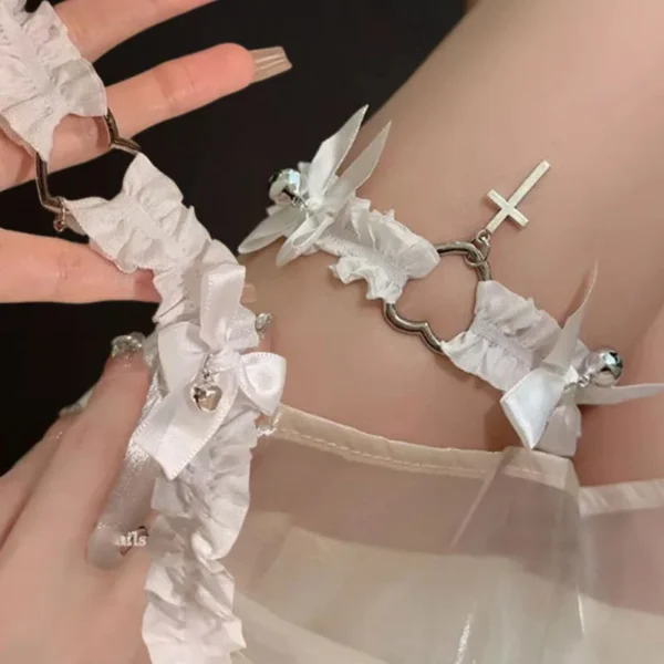 Women's Lace Garter White Black Belt Heart Cross Punk Leg Ring Adjustable Garters Bow Bell Cosplay Sexy Lingerie Harness Stocks