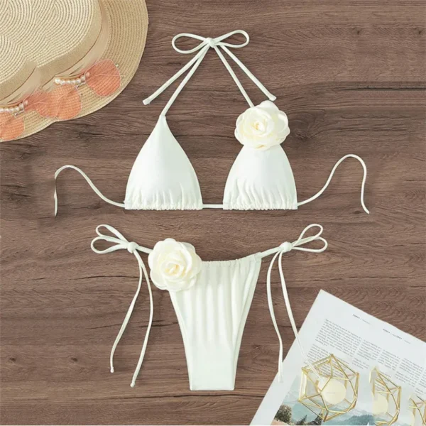 Sexy 3D Flower White String Halter Bikinis 2025 Mujer Swimwear Women Swimsuits Bathing Suit Brazilian Triangle Bikini Set Bather