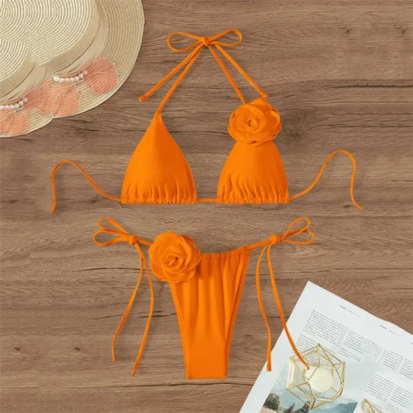 Sexy 3D Flower White String Halter Bikinis 2025 Mujer Swimwear Women Swimsuits Bathing Suit Brazilian Triangle Bikini Set Bather - Image 6